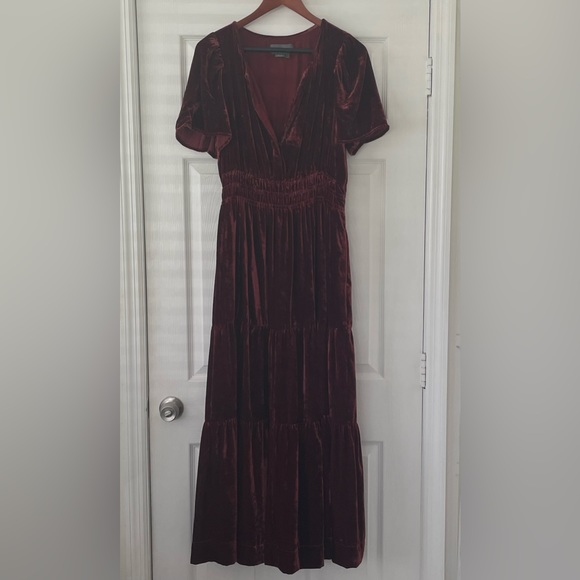 SOLD Anthropologie Velvet Dress Size L Deep Red - Picture 2 of 9